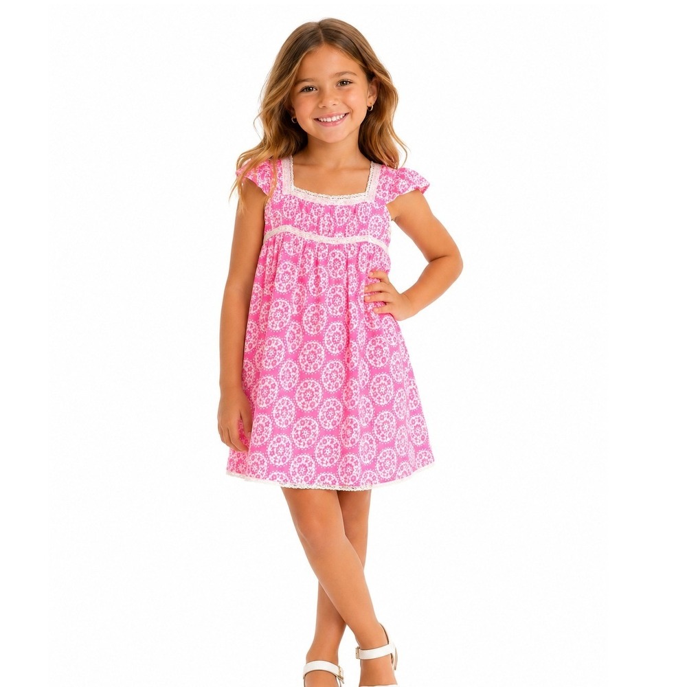 Mini Boden Girls Dress‎ 7-8Y Pink Lace Trim Medallion Floral Boho Cotton